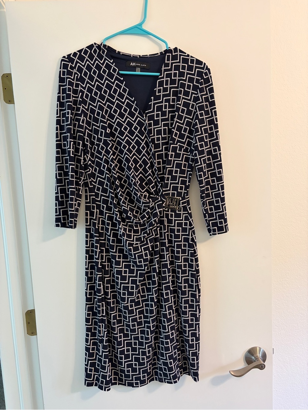 Anne Klein Navy & White Geometric Faux-Wrap Midi Dress